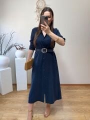 KENDİNDEN KEMERLİ TENSEL KUMAŞ GÖMLEK ELBİSE LACİVERT