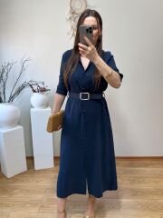 KENDİNDEN KEMERLİ TENSEL KUMAŞ GÖMLEK ELBİSE LACİVERT