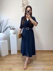 KENDİNDEN KEMERLİ TENSEL KUMAŞ GÖMLEK ELBİSE LACİVERT