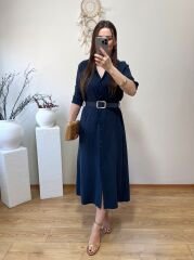 KENDİNDEN KEMERLİ TENSEL KUMAŞ GÖMLEK ELBİSE LACİVERT