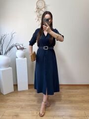 KENDİNDEN KEMERLİ TENSEL KUMAŞ GÖMLEK ELBİSE LACİVERT