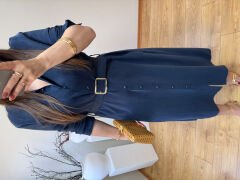 KENDİNDEN KEMERLİ TENSEL KUMAŞ GÖMLEK ELBİSE LACİVERT