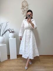 BELDEN BAĞLAMALI BRODE ELBİSE