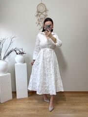 BELDEN BAĞLAMALI BRODE ELBİSE