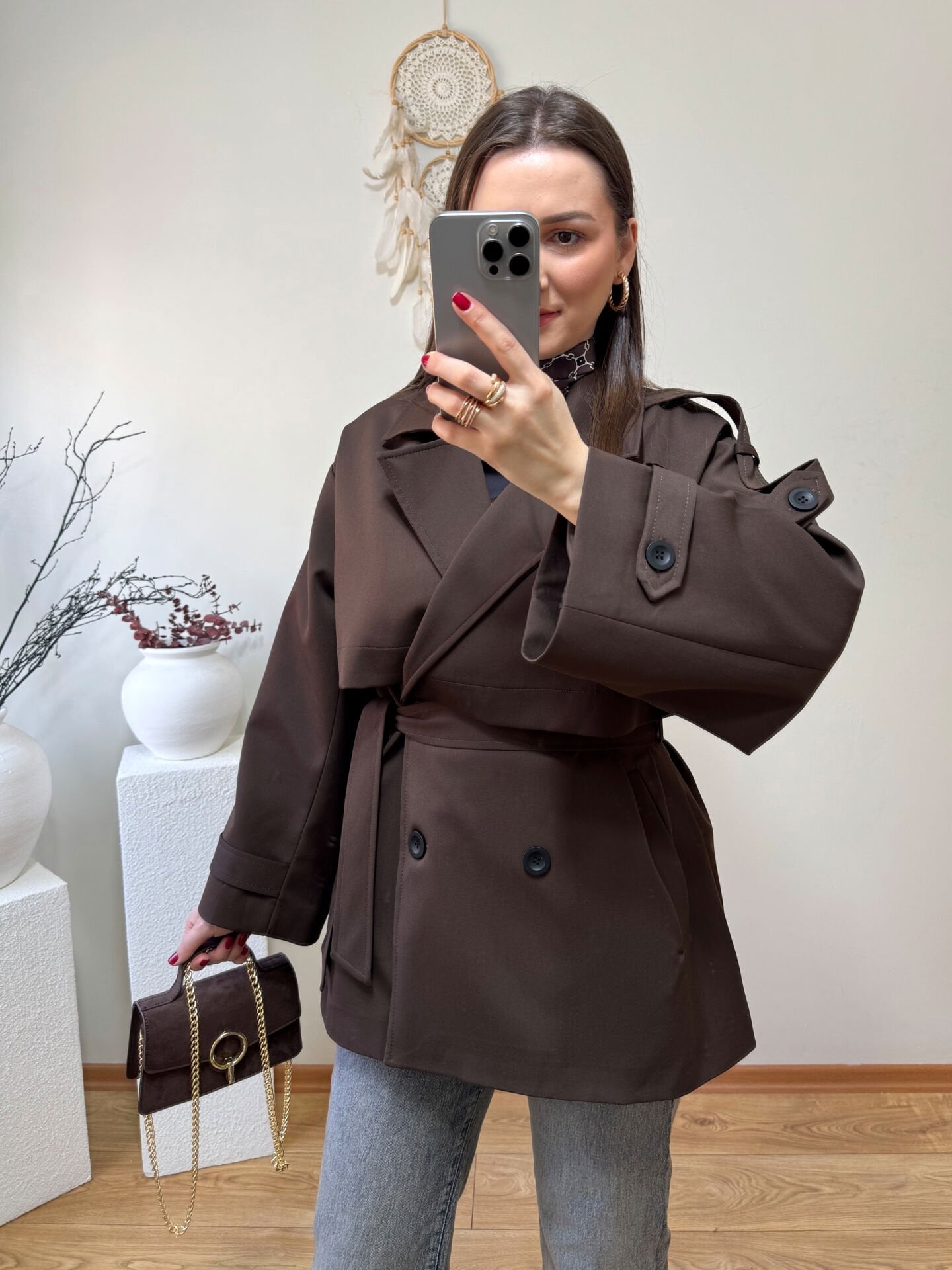 PREMİUM KALİTE ARA BOY TRENÇKOT KAHVE