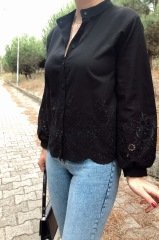 ETEK UCU VE KOL DETAY SİYAH GÖMLEK