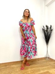 FUŞYA ÇİÇEK DESENLİ GİPELİ POPLİN ELBİSE