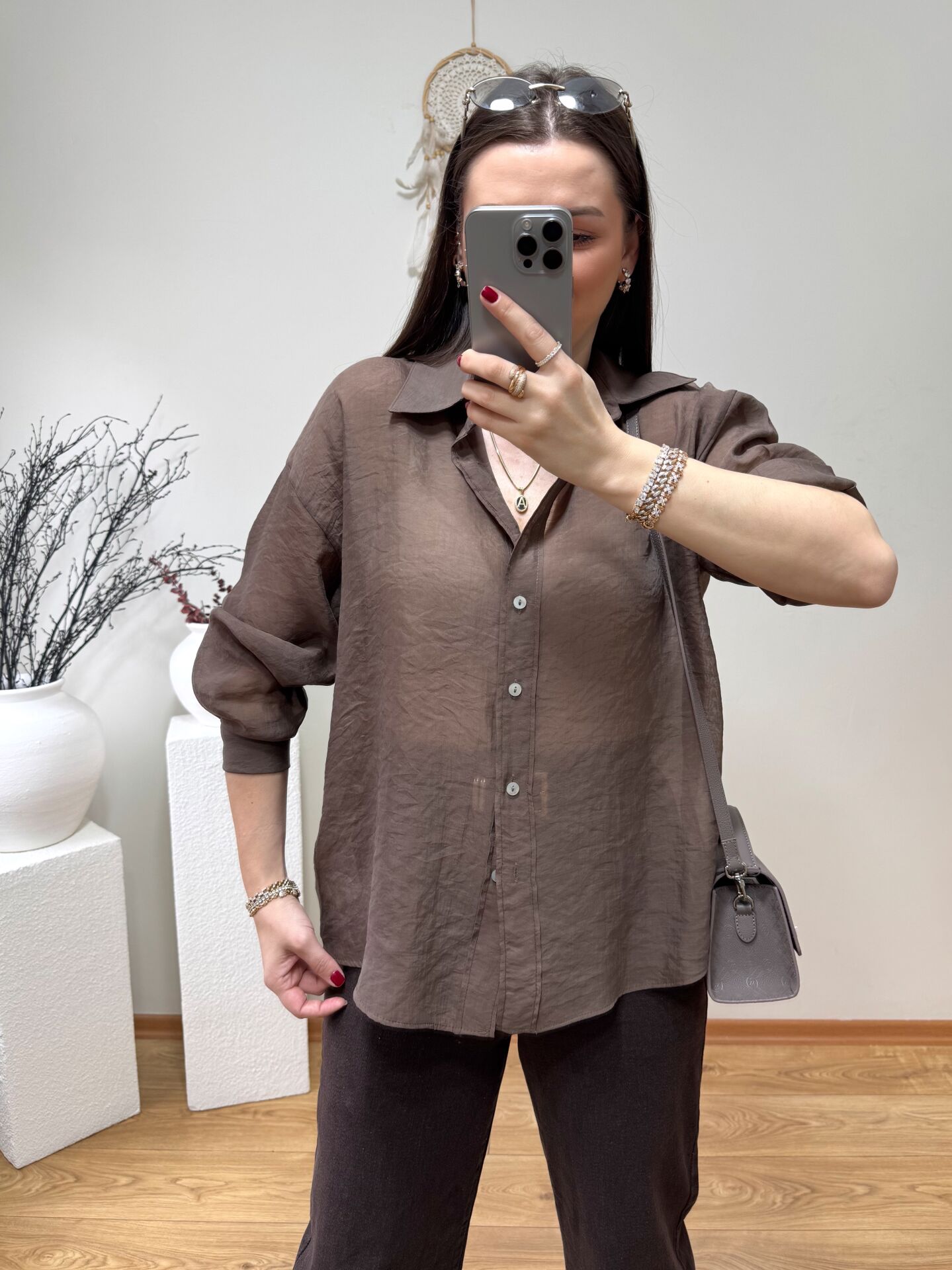 PREMİUM KALİTE TENSEL KUMAŞ OVERSİZE GÖMLEK KAHVE