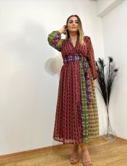 ETNİK DESEN ŞİFON ASTARLI ELBİSE