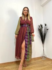 ETNİK DESEN ŞİFON ASTARLI ELBİSE