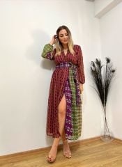 ETNİK DESEN ŞİFON ASTARLI ELBİSE