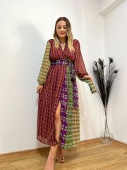 ETNİK DESEN ŞİFON ASTARLI ELBİSE