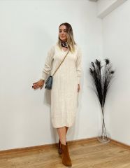 ORJİNAL MARKA ÖRME TOK TRİKO KUMAŞ TAŞ RENGİ ELBİSE