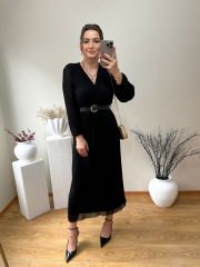 ÖZEL TASARIM KEMERLİ ŞİFON KUMAŞ PİLİSE ELBİSE SİYAH