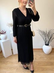 ÖZEL TASARIM KEMERLİ ŞİFON KUMAŞ PİLİSE ELBİSE SİYAH