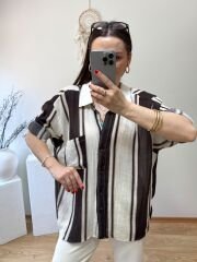 DOKULU OVERSİZE KAHVE ÇİZGİLİ GÖMLEK