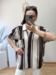 DOKULU OVERSİZE KAHVE ÇİZGİLİ GÖMLEK