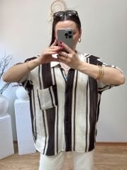 DOKULU OVERSİZE KAHVE ÇİZGİLİ GÖMLEK