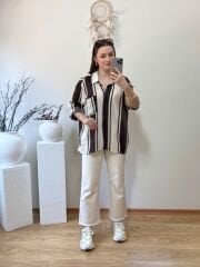DOKULU OVERSİZE KAHVE ÇİZGİLİ GÖMLEK