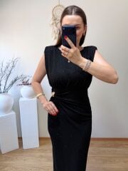 GOLD TOKA DETAYLI SİMLİ KRUVAZE ELBİSE SİYAH