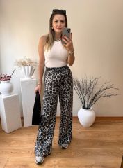 GRİ LEOPAR DESEN PARLAK KUMAŞ BELİ LASTİKLİ PANTOLON