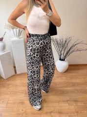 GRİ LEOPAR DESEN PARLAK KUMAŞ BELİ LASTİKLİ PANTOLON