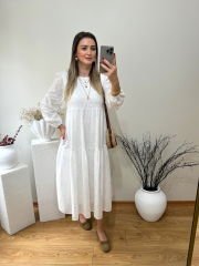UZUN KOLLU YANLAR CEPLİ FİSTO ELBİSE BEYAZ