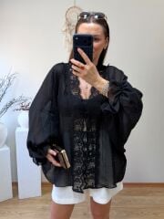 DANTEL DETAYLI BAĞLAMALI BLUZ SİYAH
