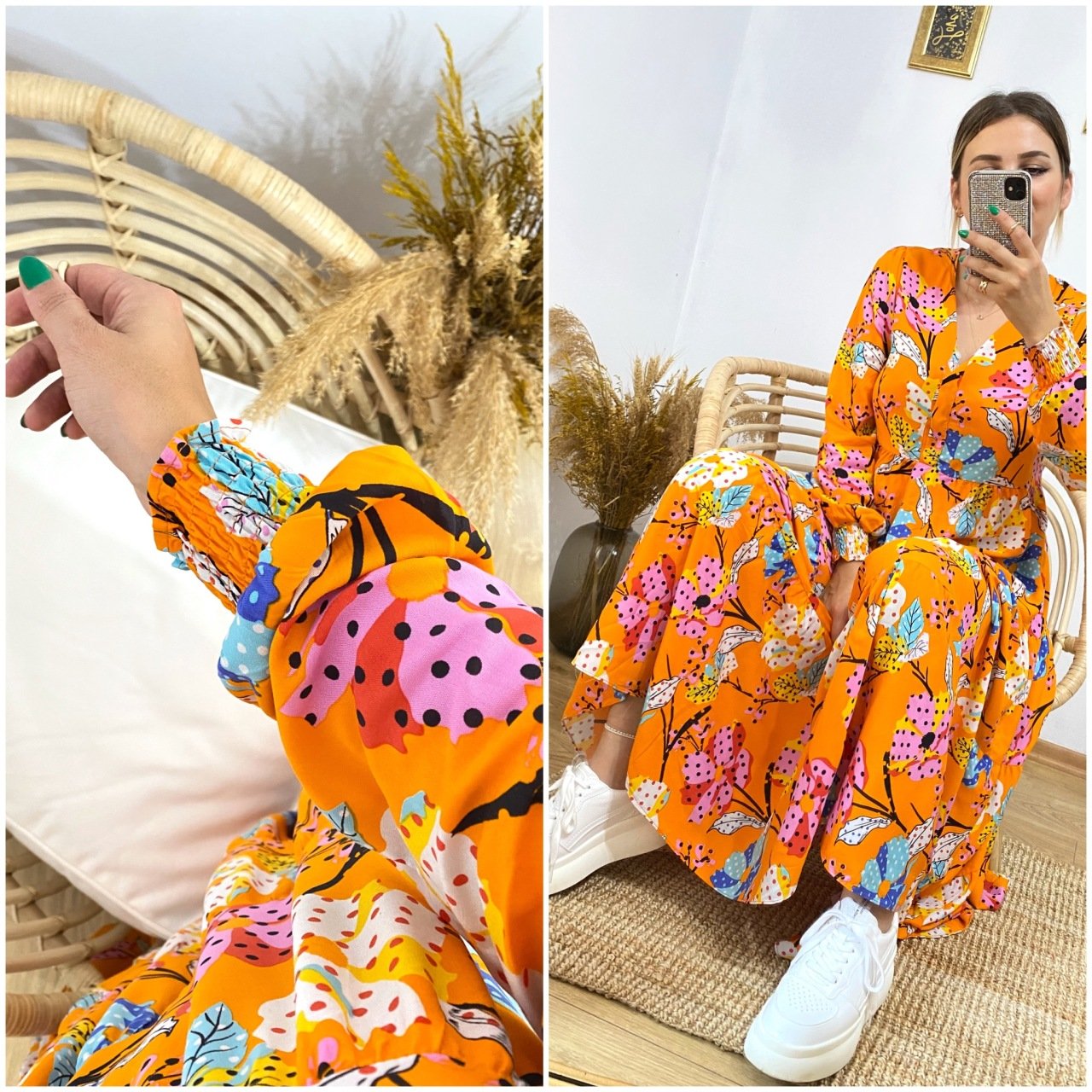ÖNDEN DÜĞME DETAYLI ÇOK RENKLİ VİSKON KUMAŞ ELBİSE