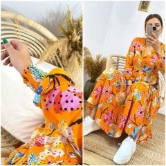ÖNDEN DÜĞME DETAYLI ÇOK RENKLİ VİSKON KUMAŞ ELBİSE