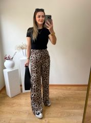 PARLAK KUMAŞ LEOPAR DESEN BELİ LASTİKLİ PANTOLON