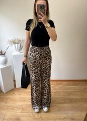 PARLAK KUMAŞ LEOPAR DESEN BELİ LASTİKLİ PANTOLON