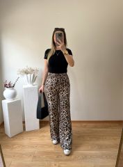 PARLAK KUMAŞ LEOPAR DESEN BELİ LASTİKLİ PANTOLON