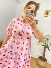 PEMBE ÇİÇEKLİ HAKİM YAKA ELBİSE