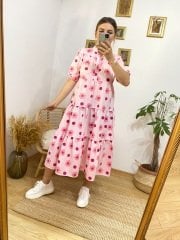 PEMBE ÇİÇEKLİ HAKİM YAKA ELBİSE
