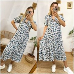 PAPATYA DESENLİ VİSKON KUMAŞ FULL DÜĞME DETAYLI ELBİSE