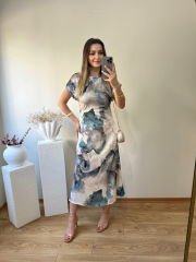 SATEN KUMAŞ KISA KOLLU ÖNÜ BÜZGÜLÜ ELBİSE MAVİ