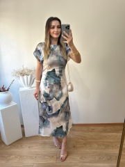 SATEN KUMAŞ KISA KOLLU ÖNÜ BÜZGÜLÜ ELBİSE MAVİ