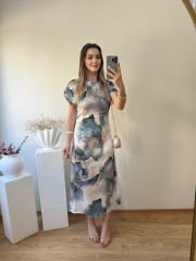 SATEN KUMAŞ KISA KOLLU ÖNÜ BÜZGÜLÜ ELBİSE MAVİ