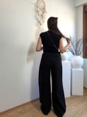 YUMUŞAK DOKULU ARKA BEL KISMI LASTİKLİ TENSEL KUMAŞ YÜKSEK BEL PANTOLON SİYAH