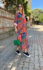 ETNİK DESEN FULL DÜĞME DETAYLI GÖMLEK ELBİSE