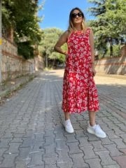 KIRMIZI ÇİÇEK DESENLİ VİSKON KOLSUZ ELBİSE