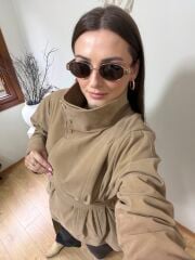 MARKA MODEL DİK YAKA KUŞAKLI SÜET CEKET BEJ