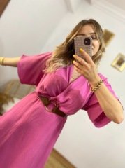 FUŞYA KRUVAZE YAKA KEMERLİ ELBİSE