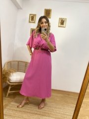 FUŞYA KRUVAZE YAKA KEMERLİ ELBİSE