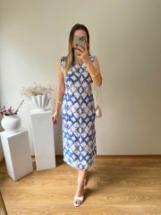 ARKASI LASTİKLİ TENSEL KUMAŞ YANDAN  YIRTMAÇLI ELBİSE MAVİ