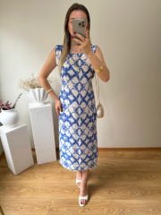 ARKASI LASTİKLİ TENSEL KUMAŞ YANDAN  YIRTMAÇLI ELBİSE MAVİ