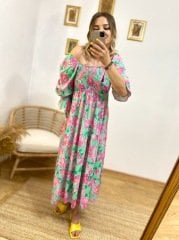 YEŞİL ÜZERİ PEMBE ÇİÇEKLİ GİPELİ ELBİSE