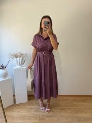 KEMERLİ VE BELDEN LASTİKLİ MARKA MODEL GÖMLEK ELBİSE AÇIK MOR