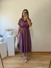 KEMERLİ VE BELDEN LASTİKLİ MARKA MODEL GÖMLEK ELBİSE AÇIK MOR